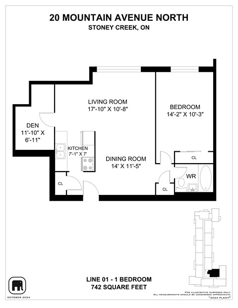 A floor plan for a home at 20 Mountain Avenue North in Stoney Creek, Ontario, shows a living room, two bedrooms, a den, a kitchen, and a dining room.
